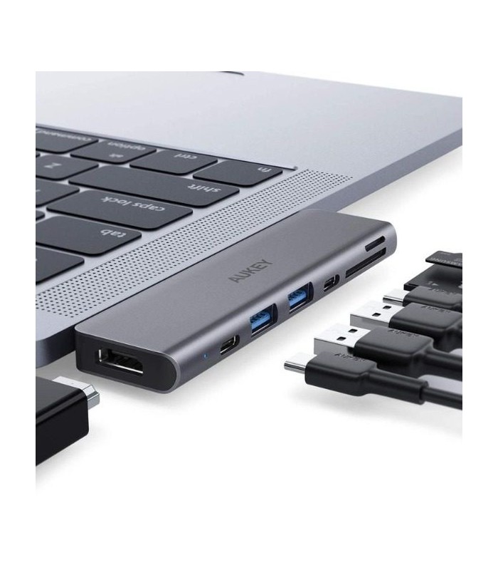 هاب ۷ پورت آکی مدل Aukey Unity Thunderbolt 7 in 1 USB-C CB-C76-نقره‌ای
