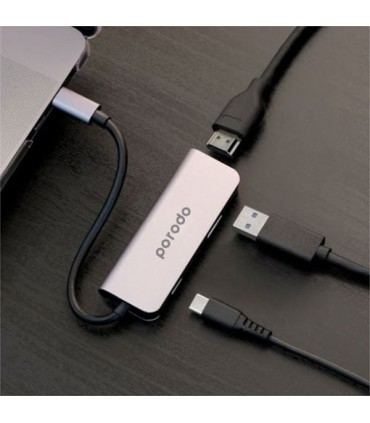 هاب ۳ پورت پورودو مدل Porodo 3 in 1 Aluminium USB-C Hub-خاکستری