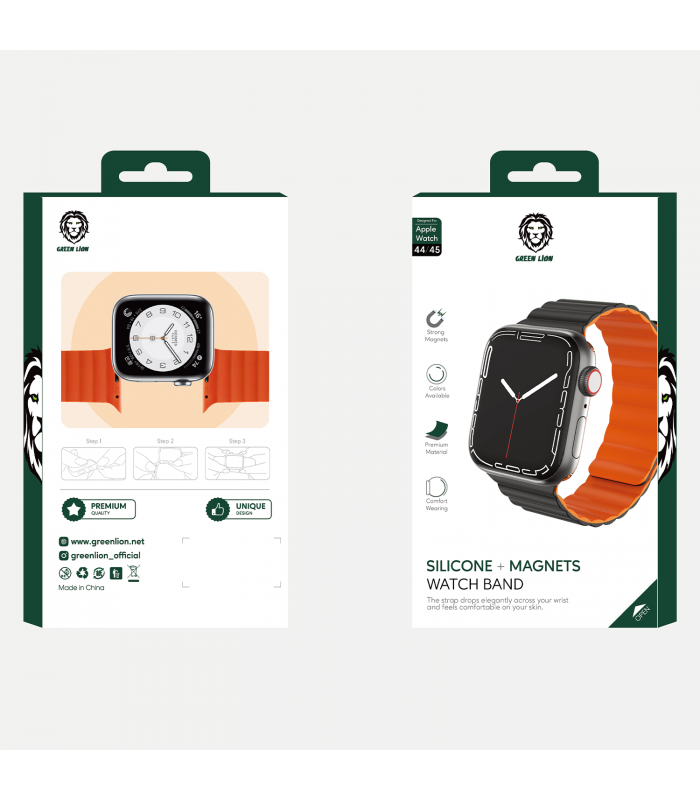 بند دورو اپل واچ  گرین مدل Green Silicone + Magnets Watchband 42/44/45mm-مشکی/نارنجی