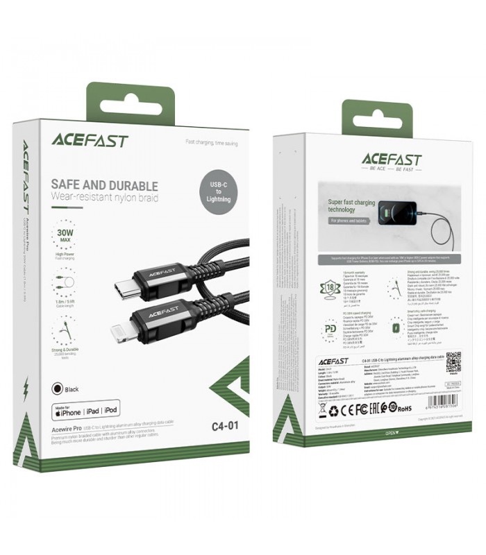 کابل شارژ ۱.۸ متری USB-C به لایتنینگ ایس فست مدل ACEFAST C4-01 USB-C to Lightning C94-مشکی