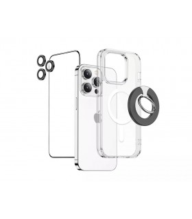 پک ۴ در ۱ کیس شفاف/گلس شفاف/محافظ لنز/هولدر مگ‌سیف گرین مدل Green 4 in 1 Protection Pack مناسب iPhone 14 Pro-مشکی