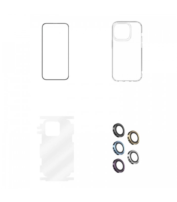 پک ۴ در ۱ کیس شفاف/گلس شفاف/محافظ لنز/کاور ۳۶۰ درجه گرین مدل Green 4 in 1 Protection Pack مناسب iPhone 14 Pro Max-مشکی