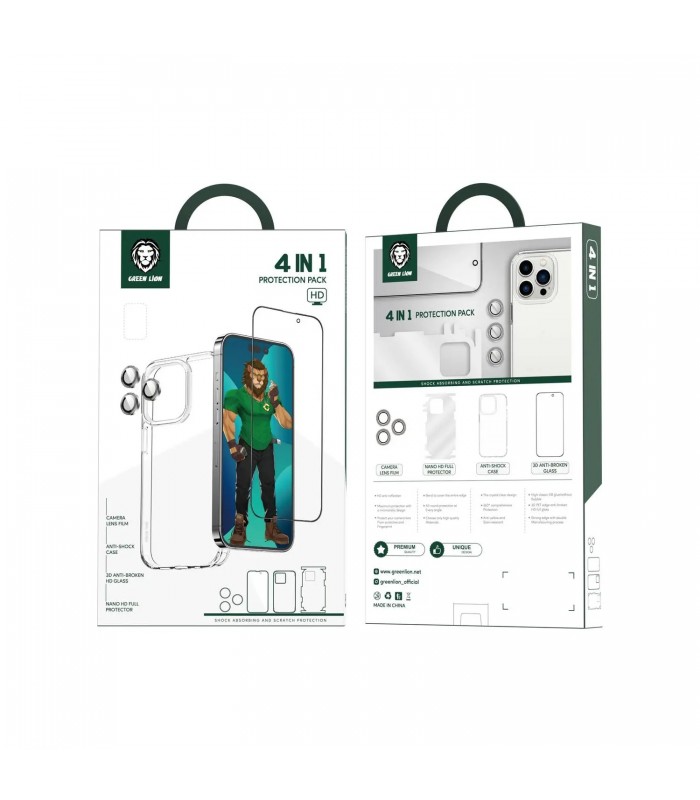 پک ۴ در ۱ کیس شفاف/گلس شفاف/محافظ لنز/کاور ۳۶۰ درجه گرین مدل Green 4 in 1 Protection Pack مناسب iPhone 14 Pro Max-مشکی