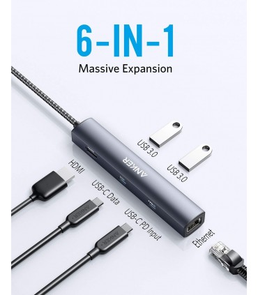 هاب شارژر ۶ در ۱ انکر مدل Anker PowerExpand 6-in-1 USB-C PD Ethernet Hub-A83650A1