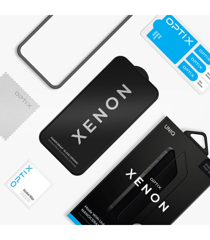 گلس شیشه‌ای با پوشش نانوسرامیک یونیک مدل UNIQ Optix Xenon Nanoceram مناسب برای آیفون ۱۶ پرومکس/۱۷ پرومکس