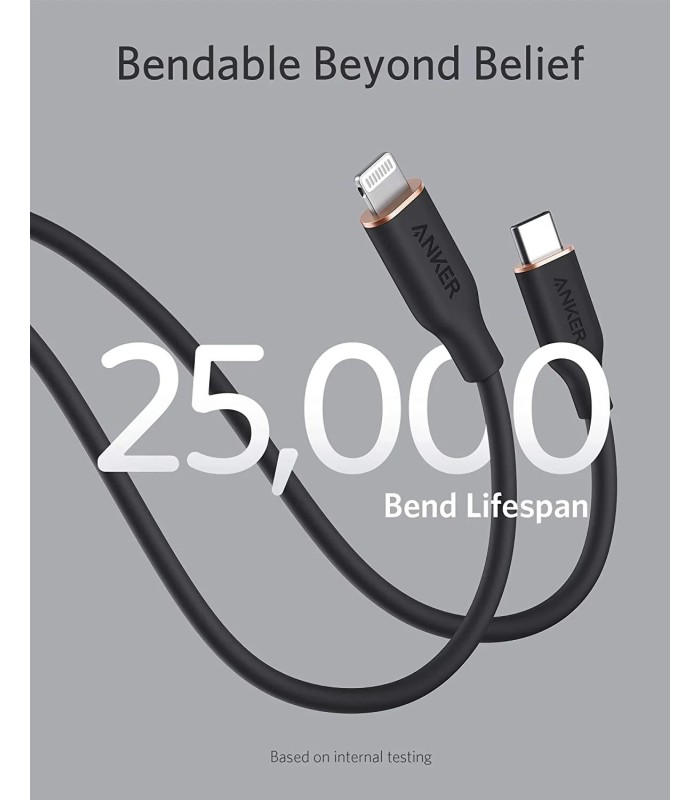 کابل شارژ سریع ۰.۹ متری USB-C به Lightning انکر مدل Anker PowerLine III Flow | رنگ مشکی
