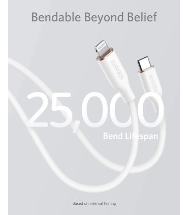 کابل شارژ سریع ۰.۹ متری USB-C به Lightning انکر مدل Anker PowerLine III Flow | رنگ سفید