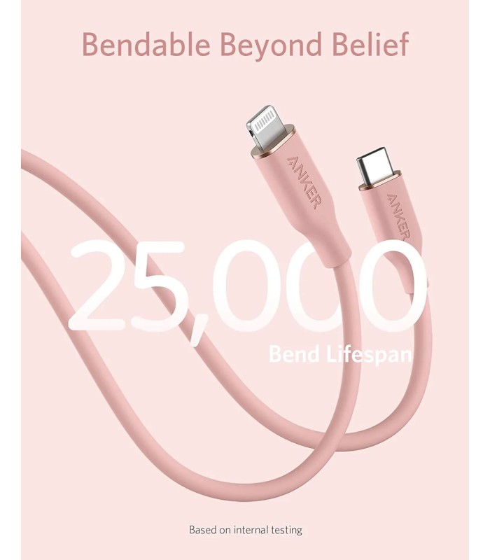 کابل شارژ سریع ۰.۹ متری USB-C به Lightning انکر مدل Anker PowerLine III Flow | رنگ صورتی