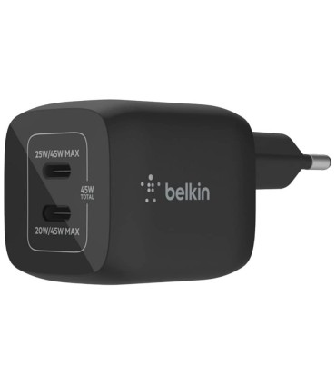 شارژر دیواری ۴۵ وات بلکین Belkin BOOST CHARGE PRO Dual USB-C GaN Wall Charger with PPS 45W - مدل WCH011 - مشکی