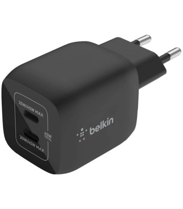 شارژر دیواری ۴۵ وات بلکین Belkin BOOST CHARGE PRO Dual USB-C GaN Wall Charger with PPS 45W - مدل WCH011 - مشکی