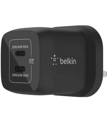 شارژر دیواری ۴۵ وات بلکین Belkin BOOST CHARGE PRO Dual USB-C GaN Wall Charger with PPS 45W - مدل WCH011 - مشکی
