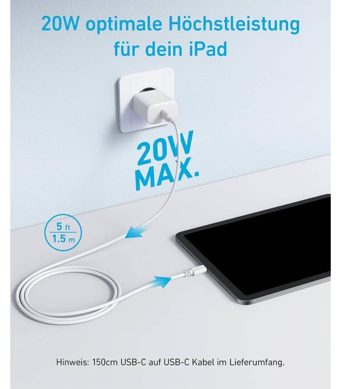 آداپتور شارژر ۲۰ وات به همراه کابل دو سر USB-C انکر مدل Anker Select Charger 20w B2347