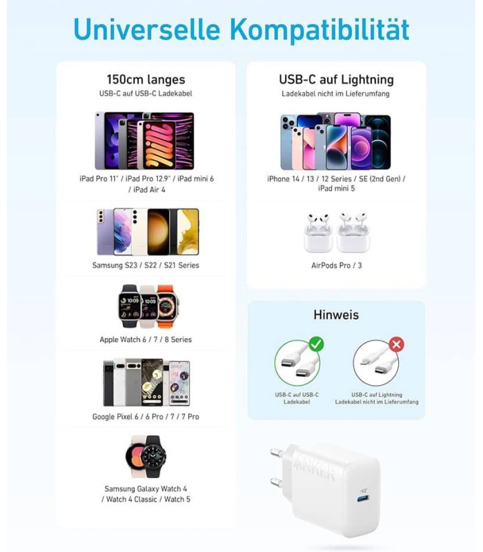 آداپتور شارژر ۲۰ وات به همراه کابل دو سر USB-C انکر مدل Anker Select Charger 20w B2347
