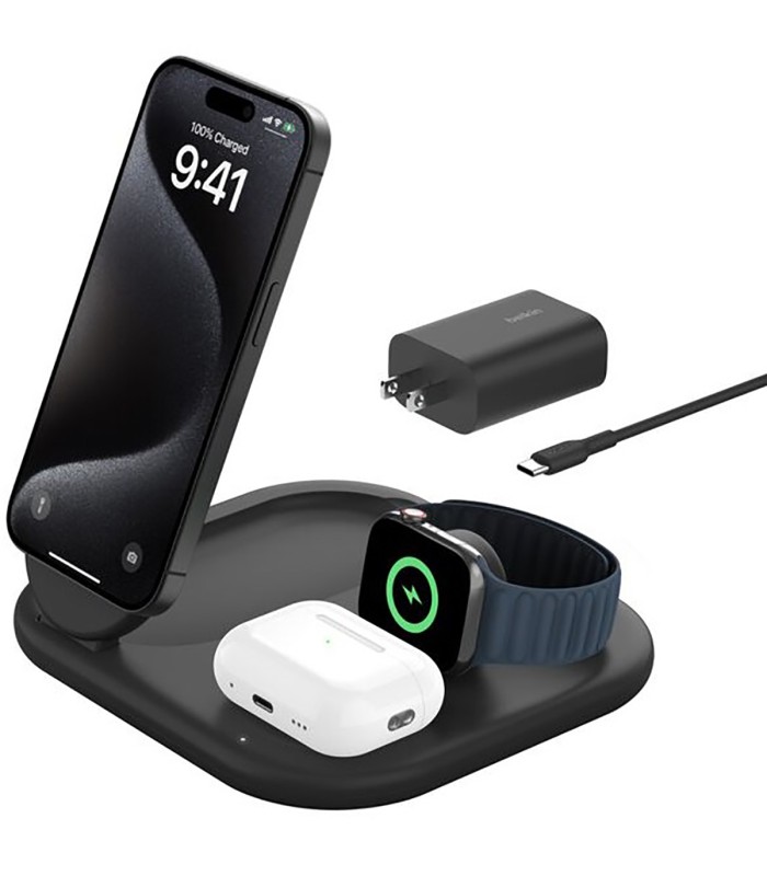 پایه شارژ وایرلس بلکین مدل Belkin BoostCharge 3-in-1 – Qi2 15W – رنگ مشکی
