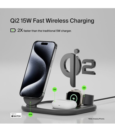 پایه شارژ وایرلس بلکین مدل Belkin BoostCharge 3-in-1 – Qi2 15W – رنگ مشکی