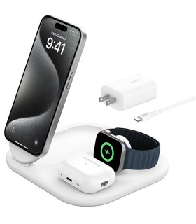 پایه شارژ وایرلس بلکین مدل Belkin BoostCharge 3-in-1 – Qi2 15W – رنگ سفید