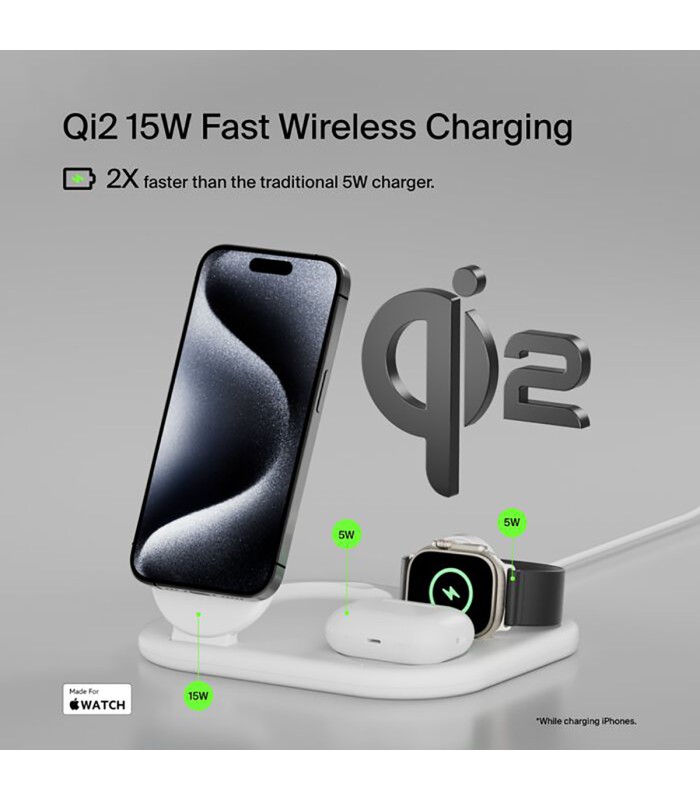 پایه شارژ وایرلس بلکین مدل Belkin BoostCharge 3-in-1 – Qi2 15W – رنگ سفید