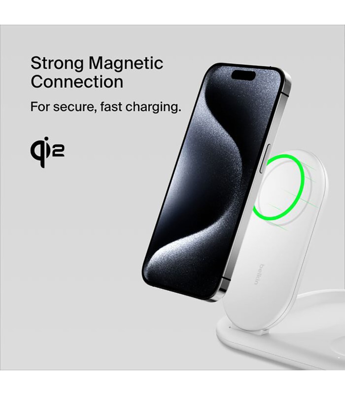 پایه شارژ وایرلس بلکین مدل Belkin BoostCharge 3-in-1 – Qi2 15W – رنگ سفید