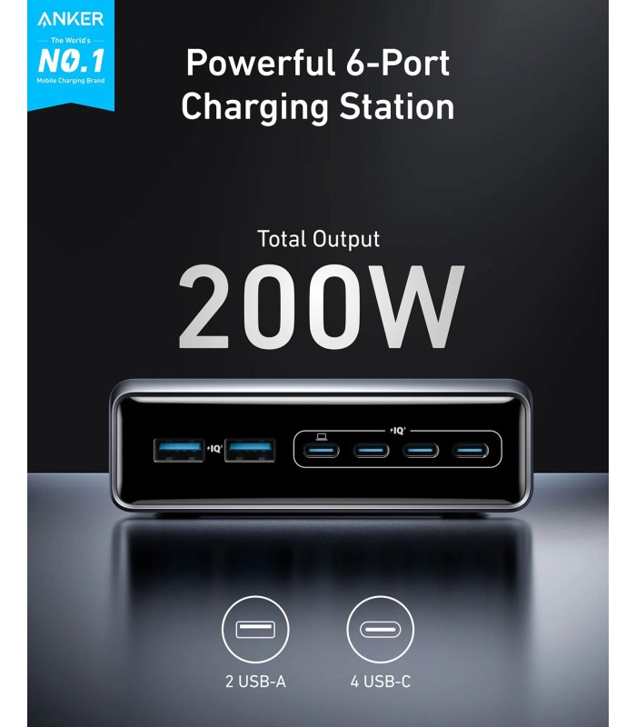 هاب شارژ رومیزی ۶ پورت ۲۰۰ واتی انکر Anker Prime (GaN) - A2683