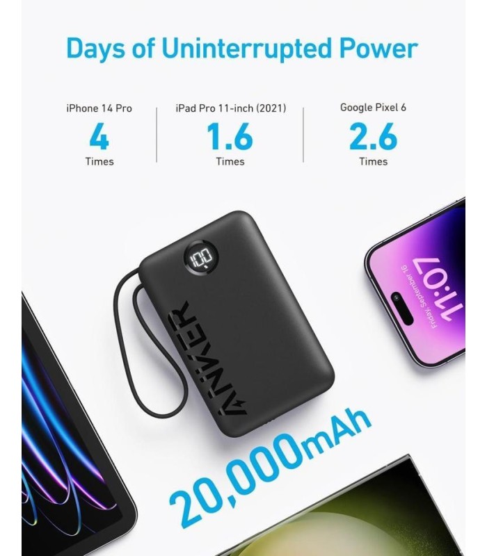پاوربانک ۲۰ هزار انکر مدل Anker Power Bank A1647 with Built-in USB-C Cable - رنگ مشکی
