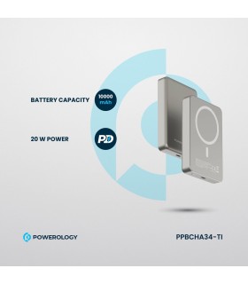 پاوربانک بی‌سیم ۱۰ هزار پاورولوژی مدل Powerology 20W PD & 15W Magsafe PPBCHA34TI - رنگ تیتانیوم