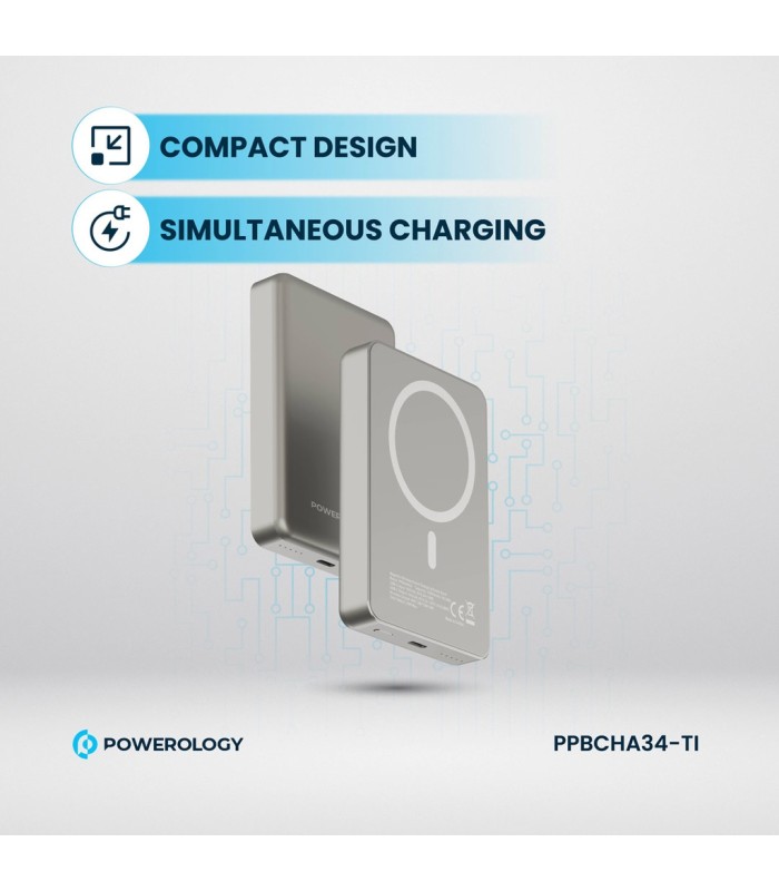 پاوربانک بی‌سیم ۱۰ هزار پاورولوژی مدل Powerology 20W PD & 15W Magsafe PPBCHA34TI - رنگ تیتانیوم
