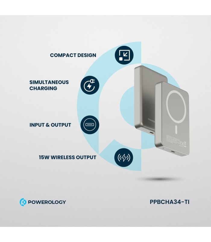 پاوربانک بی‌سیم ۱۰ هزار پاورولوژی مدل Powerology 20W PD & 15W Magsafe PPBCHA34TI - رنگ تیتانیوم
