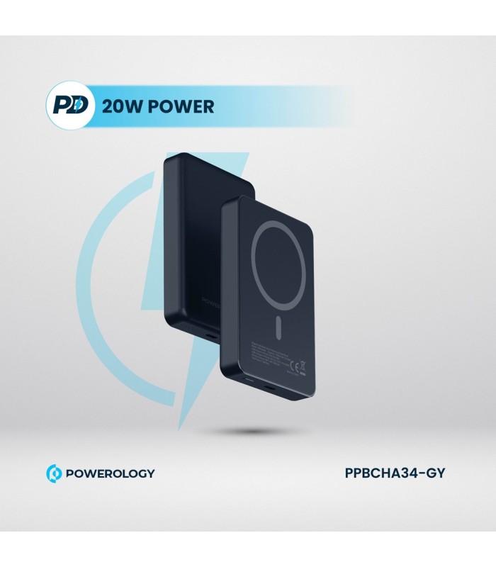 پاوربانک بی‌سیم ۱۰ هزار پاورولوژی مدل Powerology 20W PD & 15W Magsafe PPBCHA34-TI - رنگ تیتانیوم