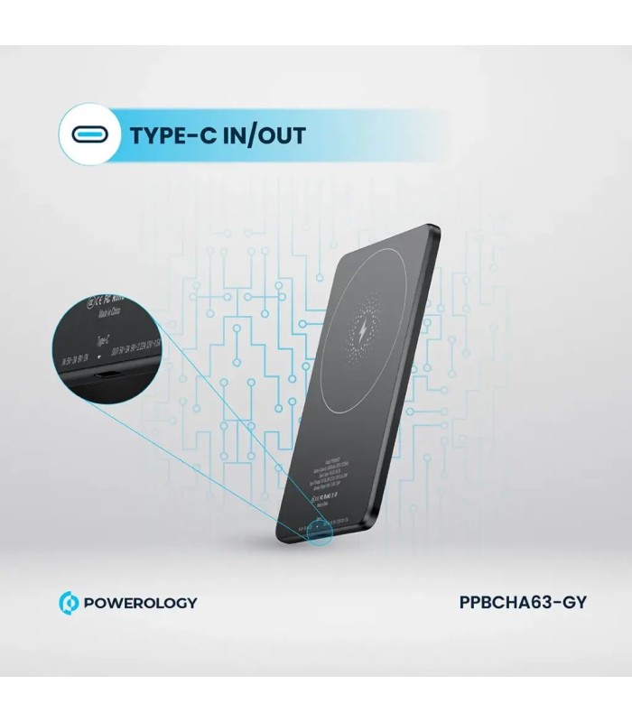 پاوربانک فوق باریک بی‌سیم ۵ هزار پاورولوژی مدل Powerology MagSafe Power Bank PPBCHA63GY - رنگ خاکستری