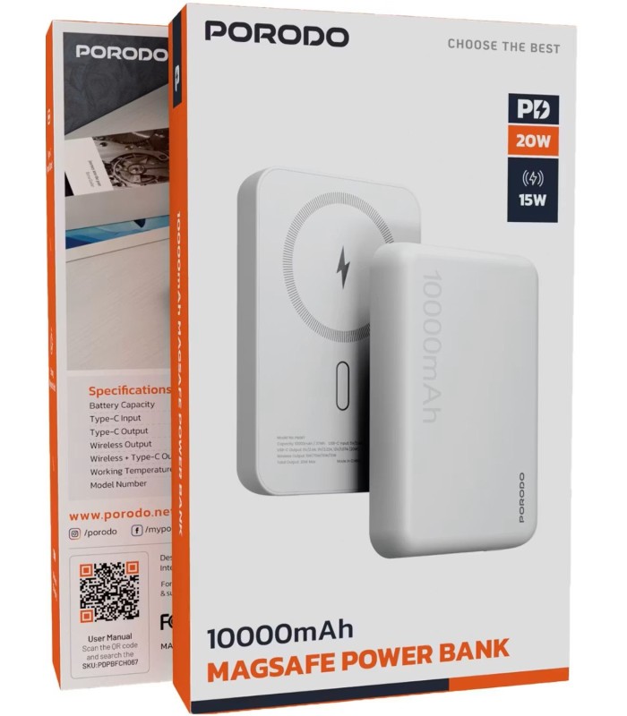پاوربانک بی‌سیم ۱۰ هزار پرودو مدل Porodo PB067 MagSafe Power Bank - رنگ سفید