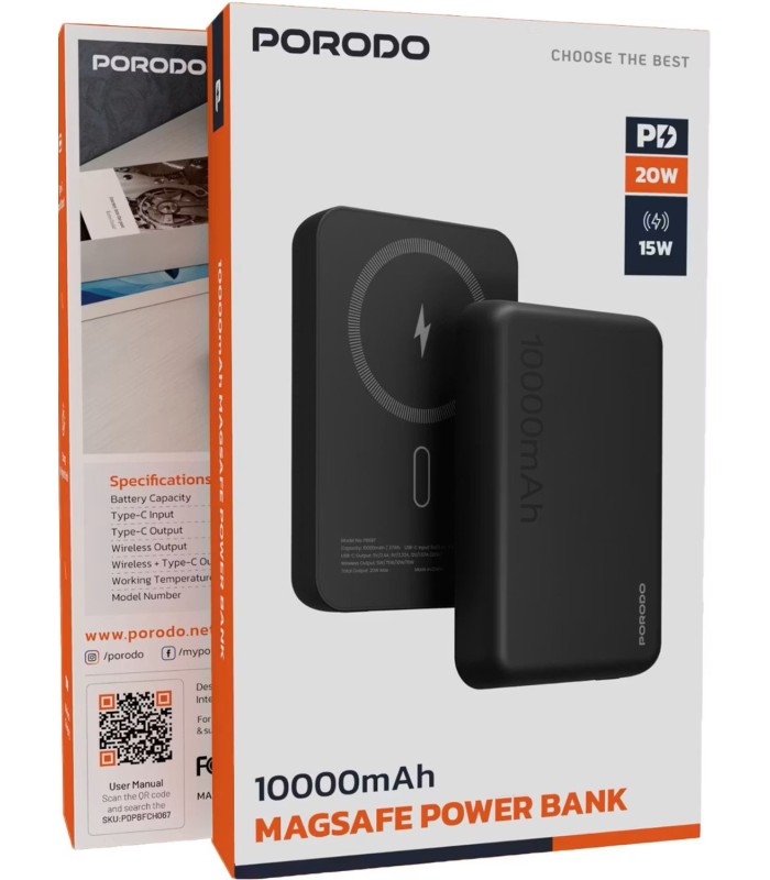 پاوربانک بی‌سیم ۱۰ هزار پرودو مدل Porodo PB067 MagSafe Power Bank - رنگ مشکی