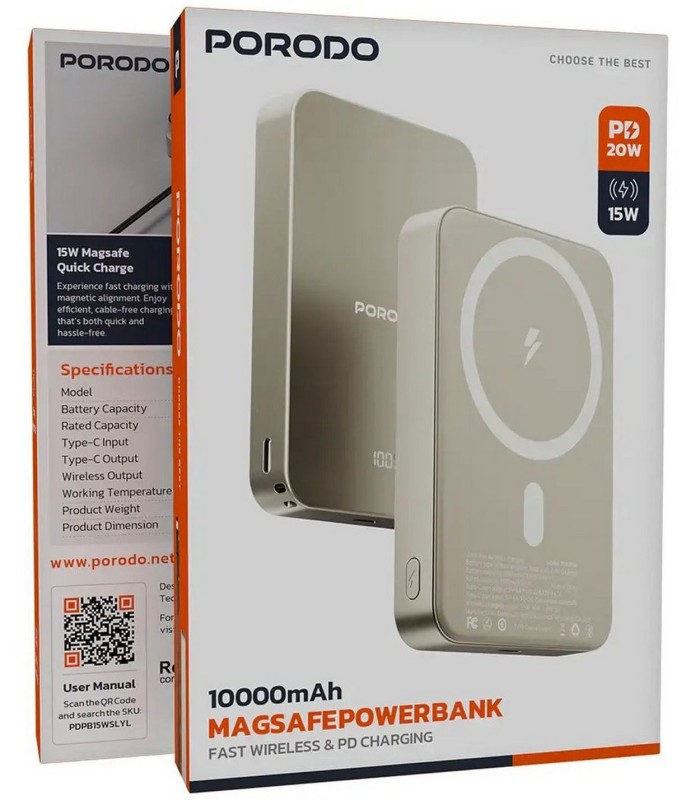 پاوربانک ۱۰ هزار مگ سیف پرودو مدل Porodo Power Bank PD 20W - PDPB15WSLYL - رنگ نقره‌ای