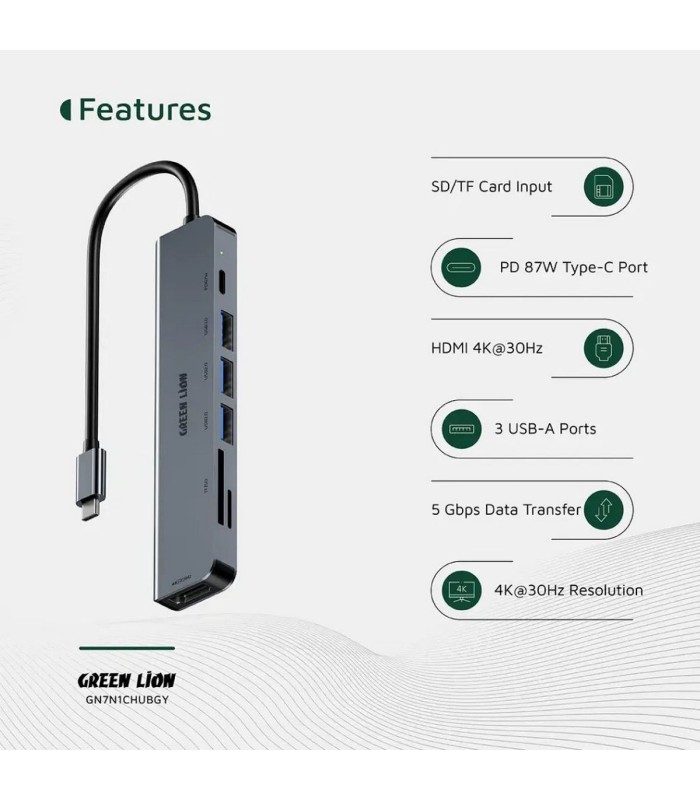 هاب ۷ در ۱ تایپ سی گرین لاین مدل Green Lion GN7N1CHUBGY USB-C