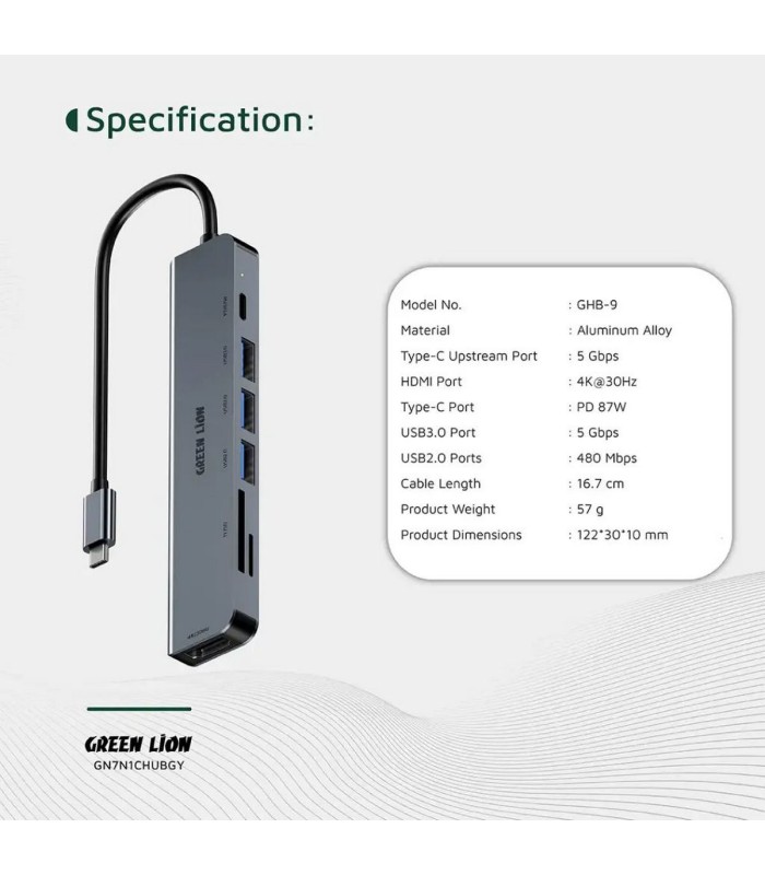 هاب ۷ در ۱ تایپ سی گرین لاین مدل Green Lion GN7N1CHUBGY USB-C