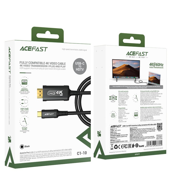 کابل تبدیل HDMI به Type-C ایس‌ فست مدل ACEFAST Video Cable C1-10 طول ۱.۸ متر - مشکی - گارانتی ۱۲ ماهه