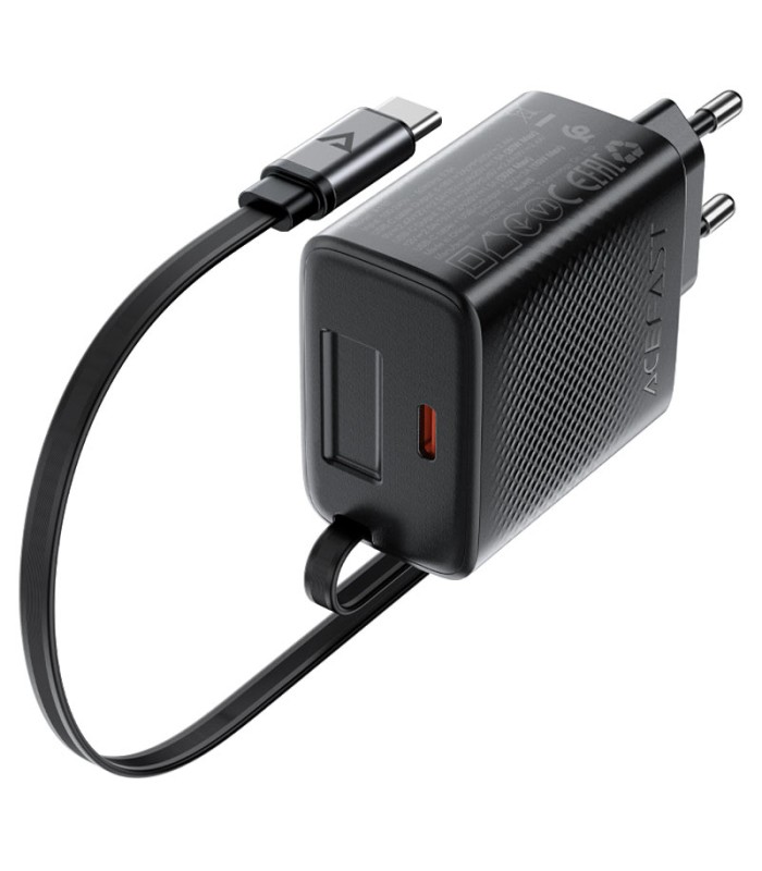 شارژر دیواری ایس‌ فست مدل ACEFAST Fast PD30W A110 Charger توان ۳۰ وات همراه با کابل جمع‌شونده - مشکی - گارانتی ۱۲ ماهه