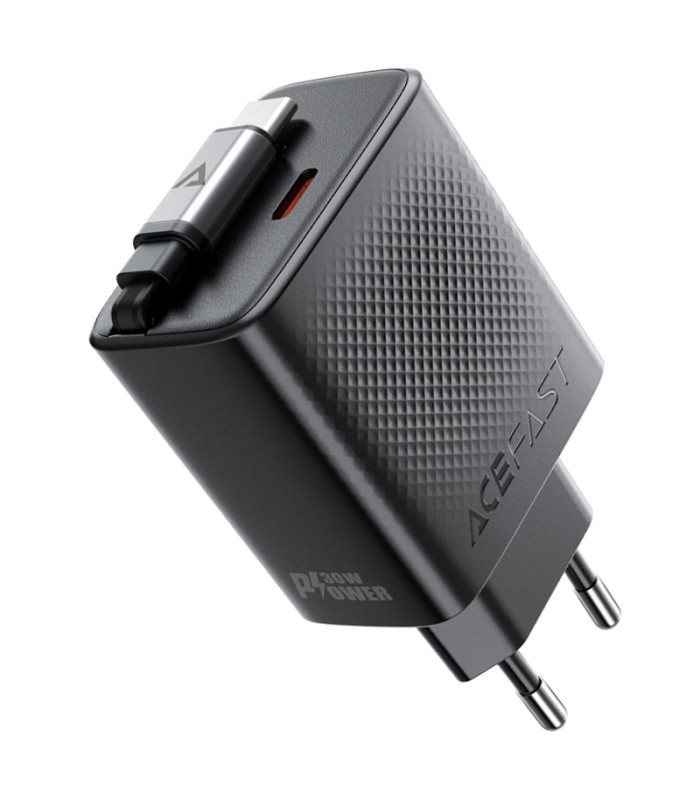 شارژر دیواری ایس‌ فست مدل ACEFAST Fast PD30W A110 Charger توان ۳۰ وات همراه با کابل جمع‌شونده - مشکی - گارانتی ۱۲ ماهه