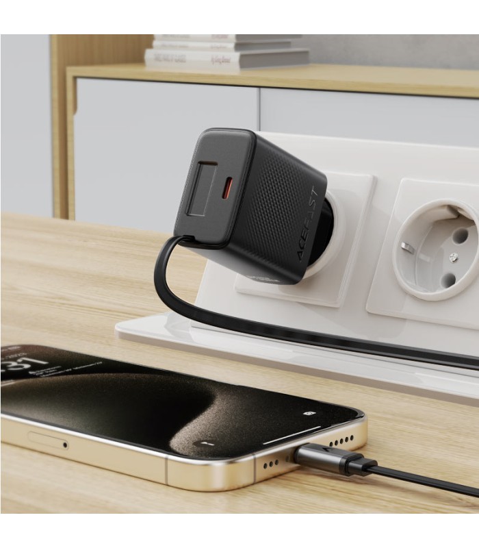 شارژر دیواری ایس‌ فست مدل ACEFAST Fast PD30W A110 Charger توان ۳۰ وات همراه با کابل جمع‌شونده - مشکی - گارانتی ۱۲ ماهه