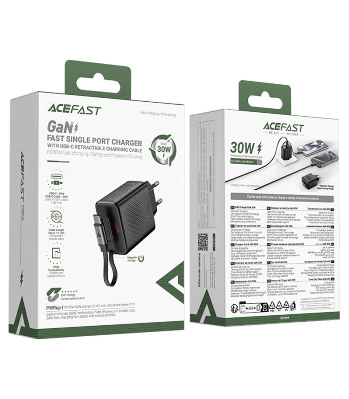 شارژر دیواری ایس‌ فست مدل ACEFAST Fast PD30W A110 Charger توان ۳۰ وات همراه با کابل جمع‌شونده - مشکی - گارانتی ۱۲ ماهه