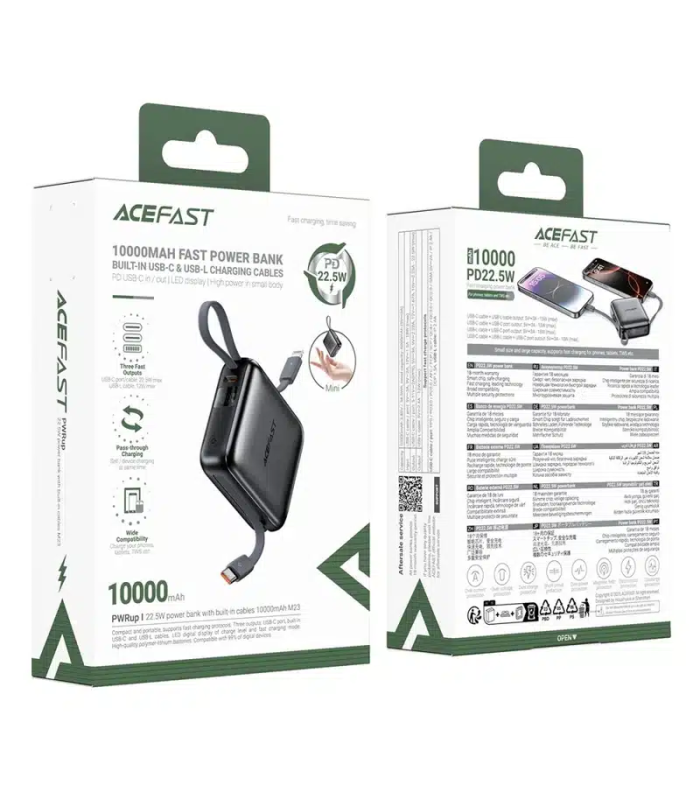 پاوربانک ۱۰.۰۰۰ ایس‌ فست مدل ACEFAST GaN PD22.5W Fast Charger M23 توان ۲۲.۵ وات همراه با کابل - مشکی - گارانتی ۱۸ ماهه