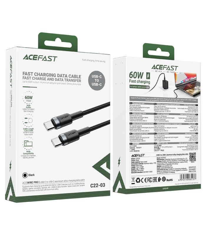 کابل Type-C به Type-C ایس‌فست ACEFAST C22-03 طول 1.2 متر توان 60 وات - مشکی - گارانتی 18 ماهه