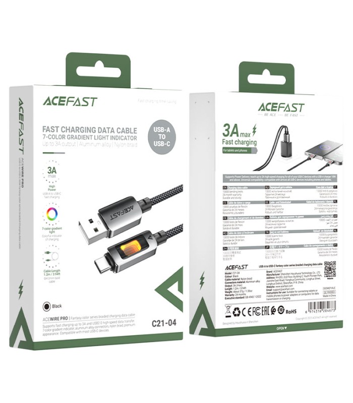 کابل Type-C ایس‌فست ACEFAST C21-04 طول 1.2 متر شدت جریان 3 آمپر - مشکی - گارانتی 18 ماهه
