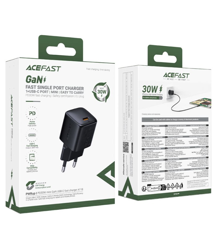 شارژر دیواری ایس‌ فست مدل ACEFAST Fast GaN PD30W A118 Charger توان ۳۰ وات - مشکی - گارانتی ۱۸ ماهه