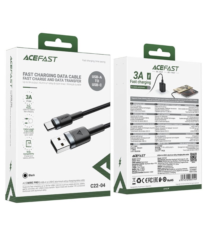 کابل Type-C ایس‌ فست مدل ACEFAST Cable C22-04 طول ۱.۲ متر شدت جریان ۳ آمپر - مشکی - گارانتی ۱۸ ماهه
