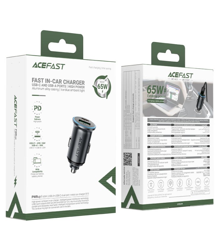 شارژر فندکی دو پورت ایس‌ فست مدل ACEFAST B15 توان ۶۵ وات - خاکستری  - گارانتی ۱۸ ماهه