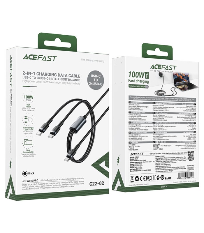 کابل دو سر تایپ سی ایس‌ فست مدل ACEFAST Type-C C22-02 طول ۱.۲۵ متر توان ۱۰۰ وات - مشکی - گارانتی ۱۸ ماهه