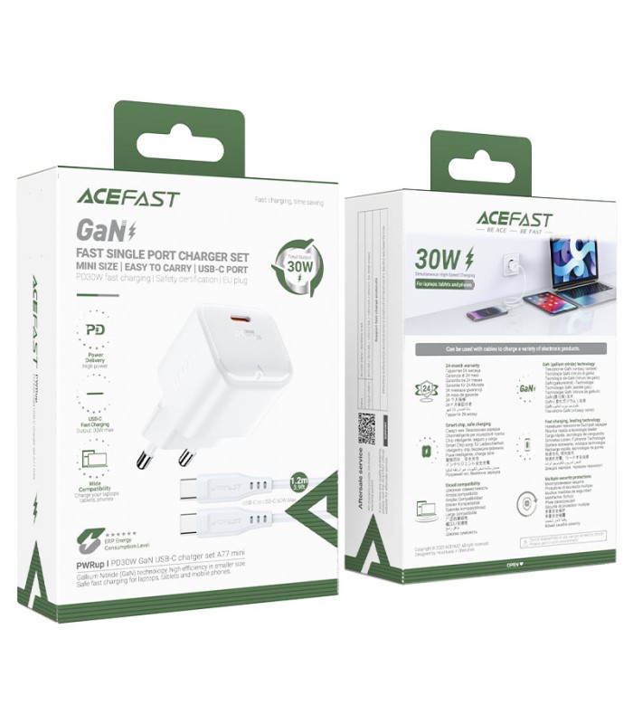 شارژر دیواری ایس‌ فست مدل ACEFAST GaN PD30W  Set A77 mini توان ۳۰ وات همراه با کابل - سفید - گارانتی ۱۸ ماهه