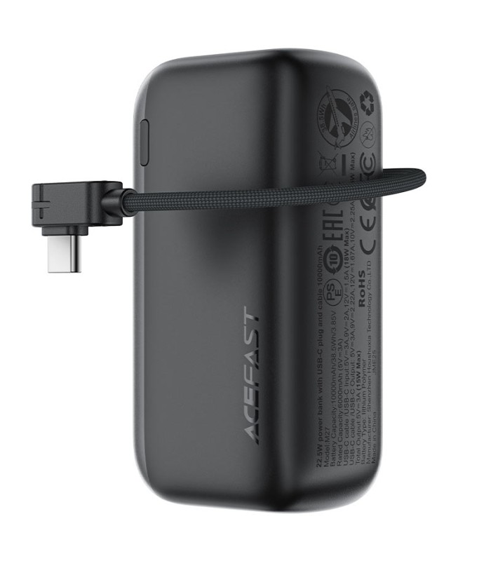 پاوربانک ایس‌ فست مدل ACEFAST Power Bank M27 | طرفیت ۱۰,۰۰۰ میلی‌آمپر | توان ۲۲.۵ وات همراه با کابل متصل - مشکی - گارانتی ۱۸ ماهه