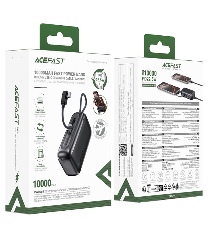 پاوربانک ایس‌ فست مدل ACEFAST Power Bank M27 | طرفیت ۱۰,۰۰۰ میلی‌آمپر | توان ۲۲.۵ وات همراه با کابل متصل - مشکی - گارانتی ۱۸ ماهه