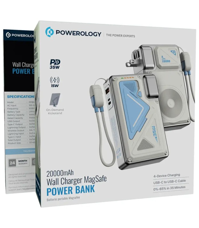 پاوربانک پریزدار ۲۰ هزار پاورولوژی مدل Powerology 20000mAh Wall Charger MagSafe Power Bank PPBMH104 - رنگ سفید